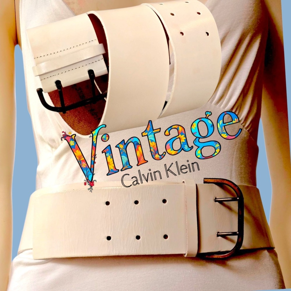 Vintage Calvin Klein Wide White Leather Belt M/L 37.5" 2.5" Width 80s 90s